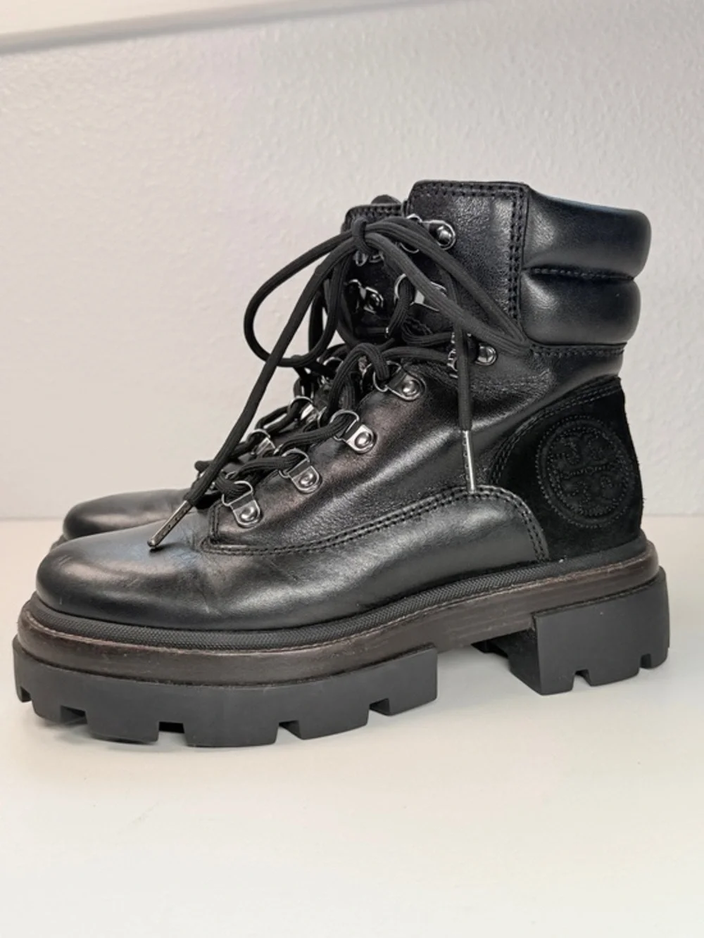 Tory Burch Miller Lug Hiker Boots Perfect Black Leather women size 6 m Moto
